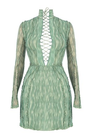 Clothing : Mini Dresses : 'Dylan' Green Colour Ivy Printed Mesh Lace Up Mini Dress