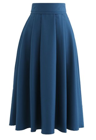 High Waist Pleated Flare Midi Skirt in Indigo - Retro, Indie and Unique Fashion