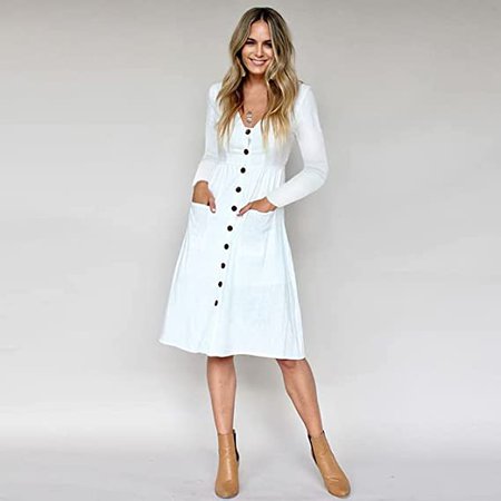 Amazon.com: QYLYC Women Dress Buttons with Pockets Long Sleeve Beach Dress Female Vintage White Black Party Dress : Clothing, Shoes & Jewelry