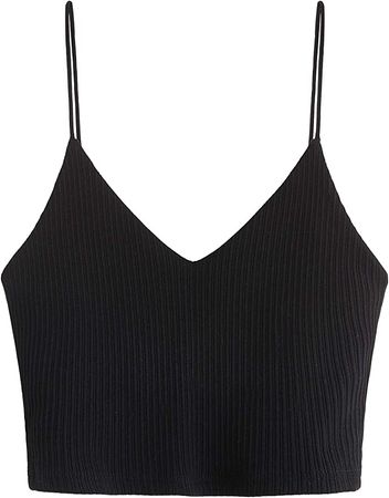 SheIn Women's Casual V Neck Sleeveless Ribbed Knit Cami Crop Top Deep Black Small at Amazon Women’s Clothing store