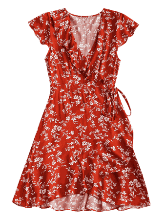 [HOT] 2019 Tiny Floral Ruffle Mini Wrap Dress In BRICK-RED M | ZAFUL CA
