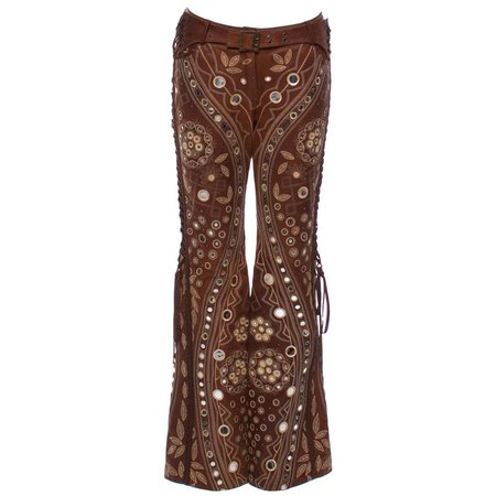 Christian Dior by John Galliano Brown Leather Embellished Pants w Lace Up Sides For Sale at 1stdibs