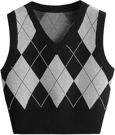 SweatyRocks Women's Plaid Geo Sleeveless V Neck Knit Crop Top Sweater Vest Beige S at Amazon Women’s Clothing store