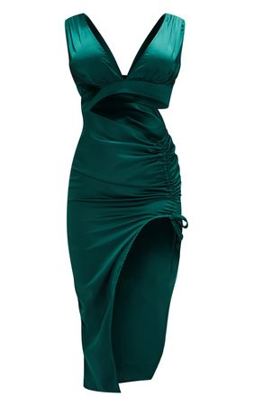 Emerald Green Satin Plunge Cut Out Bodycon Dress | PrettyLittleThing USA