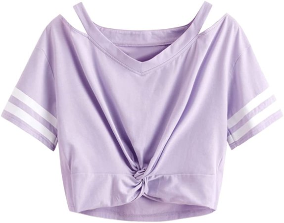 SweatyRocks Women's Short Sleeve Cut Out V Neck Twist Front Crop Top T-Shirt Purple M at Amazon Women’s Clothing store