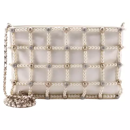 Chanel Embellished Evening Bag Satin with Faux Pearls and Crystals Small For Sale at 1stDibs