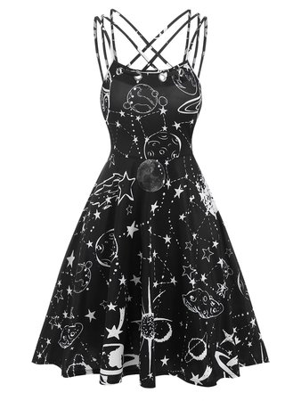 [28% OFF] 2021 Starry Sky Print Strappy Crisscross Dress In BLACK | DressLily