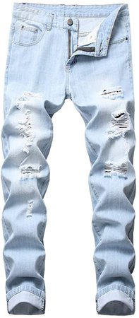 LZLER Mens Ripped Jeans, Distressed Destroyed Slim Fit Straight Leg Denim Pant with Holes(Sky Blue 958, 40) at Amazon Men’s Clothing store