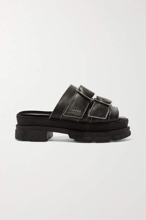 Sporty Logo-embossed Distressed Buckled Leather Sandals - Black