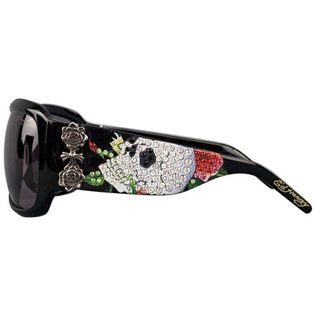 ED HARDY Black Acetate Swarovski Skull and Roses Oversized Sunglasses For Sale at 1stDibs