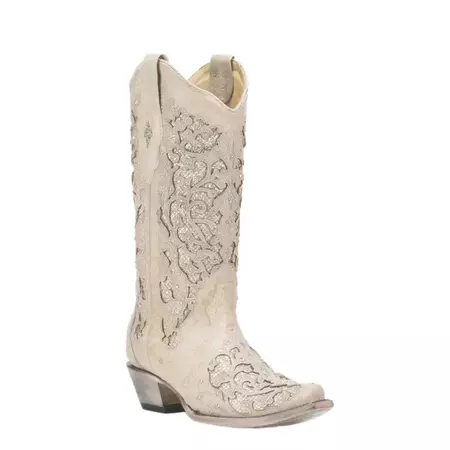 Corral Women's White with Glitter Inlay Bridal Snip Toe Cowboy Boots available at Cavenders