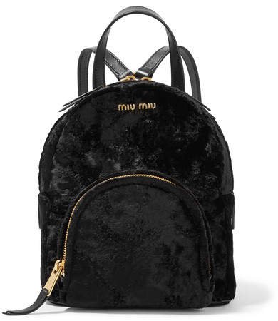 Leather-trimmed Velvet Backpack - Black