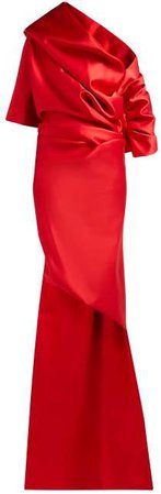One Shoulder Draped Satin Gown - Womens - Red