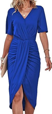 Amazon.com: PRETTYGARDEN Women's 2023 Ruched Bodycon Dress Short Sleeve Wrap V Neck Irregular Hem Midi Summer Dresses : Clothing, Shoes & Jewelry