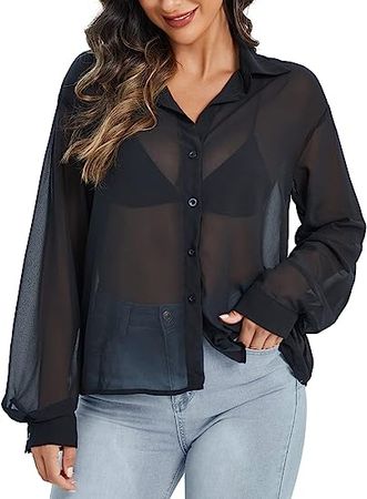 Verdusa Women's Sheer Mesh Button Down Shirt Top Long Sleeve Drop Shoulder Blouse at Amazon Women’s Clothing store