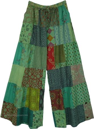 Magical Jungle Bohemian Cotton Long Patchwork Pants | Green | Split-Skirts-Pants, Patchwork, Tall, Bohemian, Handmade