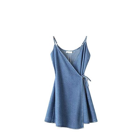 Sweetdress Women's Simple Spaghetti Strap Mini Wrap Denim Dress at Amazon Women’s Clothing store: