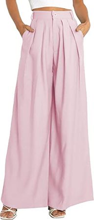 SIFLIF Women's High Waist Casual Wide Leg Palazzo Pants, Dress Pants for Women, Work Pants with Pockets for Women Office. Pink at Amazon Women’s Clothing store