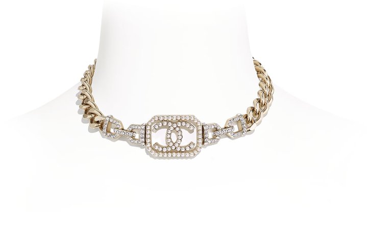 Choker, metal, imitation pearls & strass, gold, pearly white & crystal - CHANEL