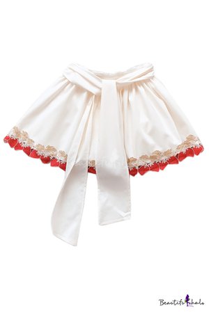 Strawberry Embroidery Embellished Hem Elastic Waist Tied Front Mini A-Line Skirt - Beautifulhalo.com