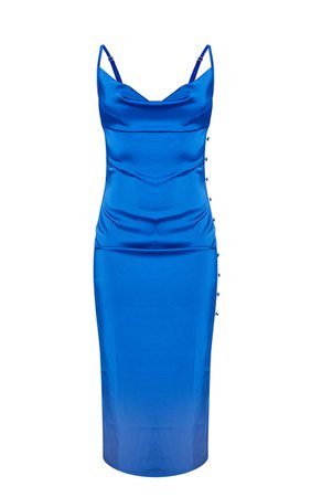 Bright Blue Satin Cowl Neck Button Detail Slip Dress - Dresses - Women's Clothing | PrettyLittleThing USA