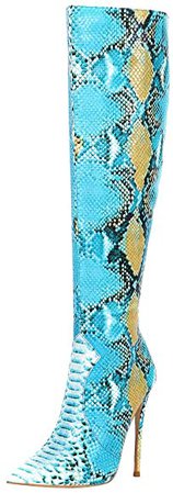 Amazon.com | Themost Knee Boots for Women Zipper Pointy Toe Stiletto High Heel Boot Wide Calf Booties Snake Print Boots Orange | Knee-High