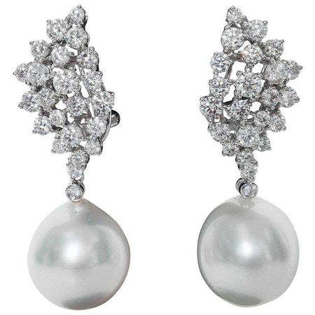 Diamond Cluster and Pearl Dangle Earrings For Sale at 1stdibs