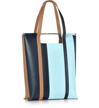 Delpozo Light Blue Vertical Striped Patent Leather and Calfskin Great Tote with Handles at FORZIERI
