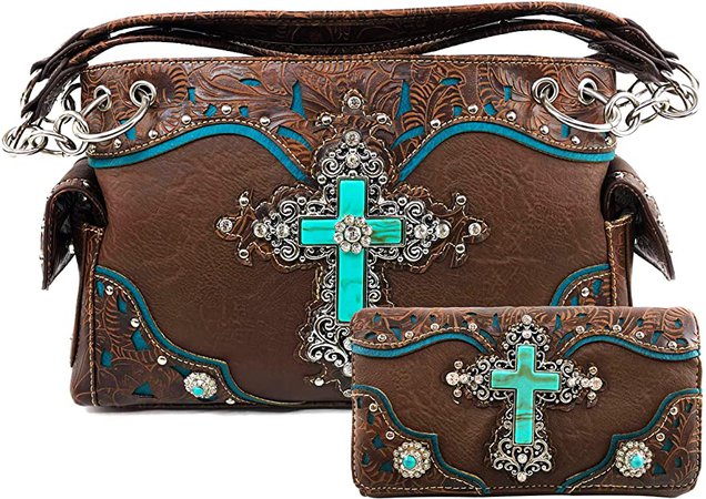 Zelris Turquoise Rhinestone Cross Western Women Conceal Carry Handbag Wallet Set