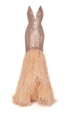 Pamella Roland Sequin Feathers Gown