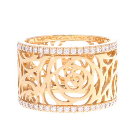 Chanel - Camellia Ajoure Wide Diamond Gold Band Ring