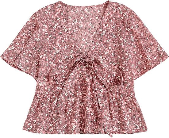 SheIn Women's Floral Tie Front Blouse Short Sleeve Ruffle V Neck Crop Top Green Medium at Amazon Women’s Clothing store