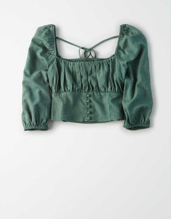 AE Ruched Long Sleeve Bubble Top green