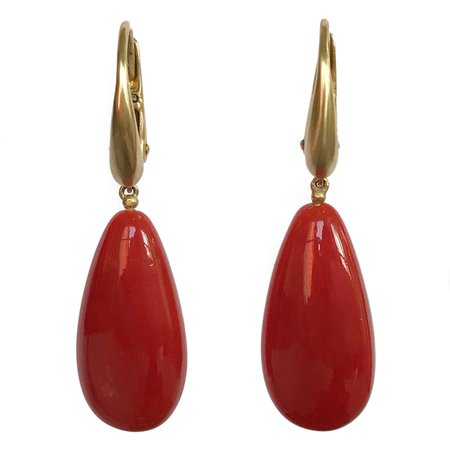 Dalben Design Mediterranean Long Drop Red Coral Yellow Gold Dangle Earrings