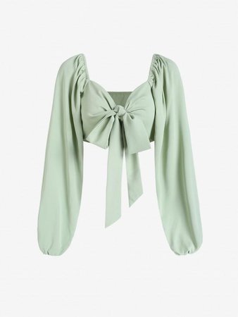 [35% OFF] 2022 Bowknot Puff Sleeve Crop Blouse In LIGHT GREEN | ZAFUL