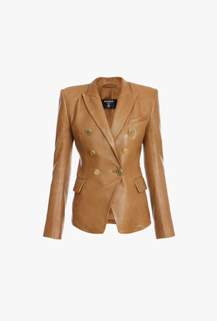 Dark Camel Leather Blazer With Gold Tone Double Breasted Closure for Women - Balmain.com