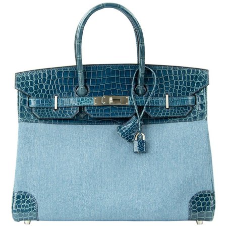Hermes Birkin Bag 35cm Shiny Blue Roi Porosus Crocodile and Denim PHW For Sale at 1stdibs