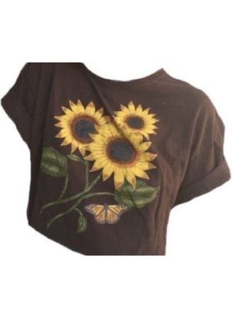 brown yellow sunflower crop top shirt tucked in