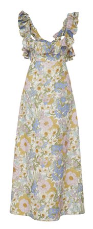 Zimmerman Ruffled-Floral Print Linen Midi Dress