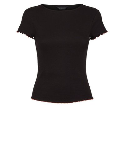 Black Ribbed Contrast Frill T-Shirt | New Look