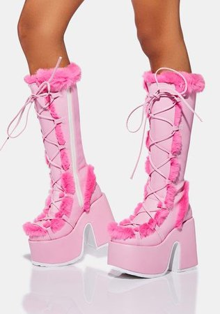 Demonia Camel-311 Faux Fur Knee High Platform Boots - Pink | Dolls Kill