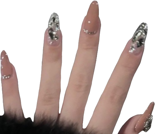 korean almond nude nails with silver gems