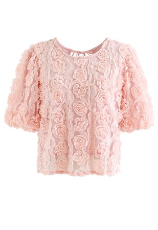 Puff Sleeve 3D Rose Mesh Crop Top in Pink - Retro, Indie and Unique Fashion