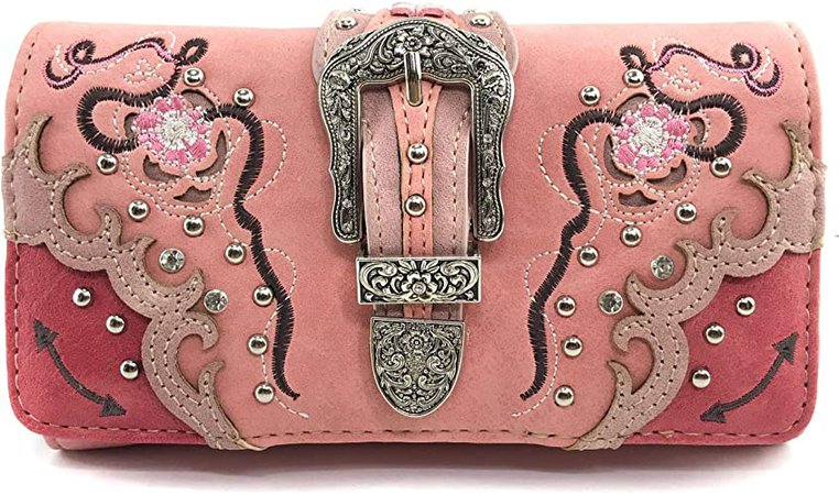 Zelris Floral Poppy Buckle Western Women Crossbody Wrist Trifold Wallet (Peach Pink)