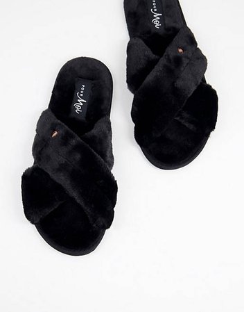 Pour Moi faux-fur crossover slide slippers in black | ASOS