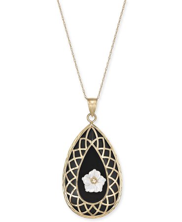 Macy's 14k Gold Onyx & Mother-of-Pearl Teardrop Filigree Pendant Necklace