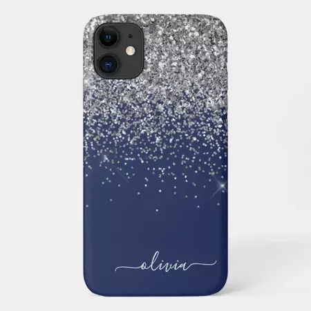 Silver Navy Blue Glitter Girly Monogram Name Case-Mate iPhone Case | Zazzle.com