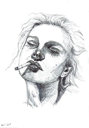Pen Line Drawing of Woman Smoking Female Smoking Art Print | Etsy