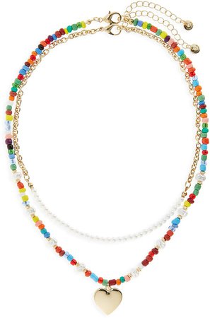 Multilayer Bead Heart Charm Necklace