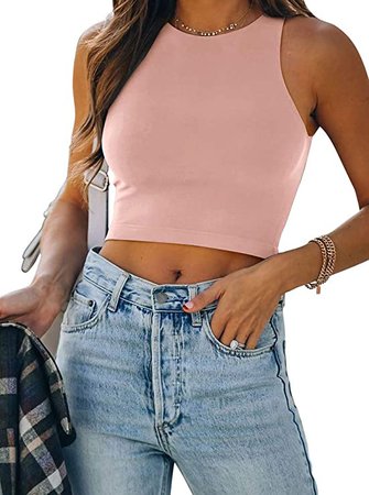 Women’s Sexy Sleeveless High Neck Racerback Cropped Tank Tops Cute Teen Girls Halter Neck Crop Tops Vest Pink Medium at Amazon Women’s Clothing store
